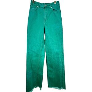 Zara Green High Rise Wide Leg Jeans Raw Hem Size 2 100% Cotton